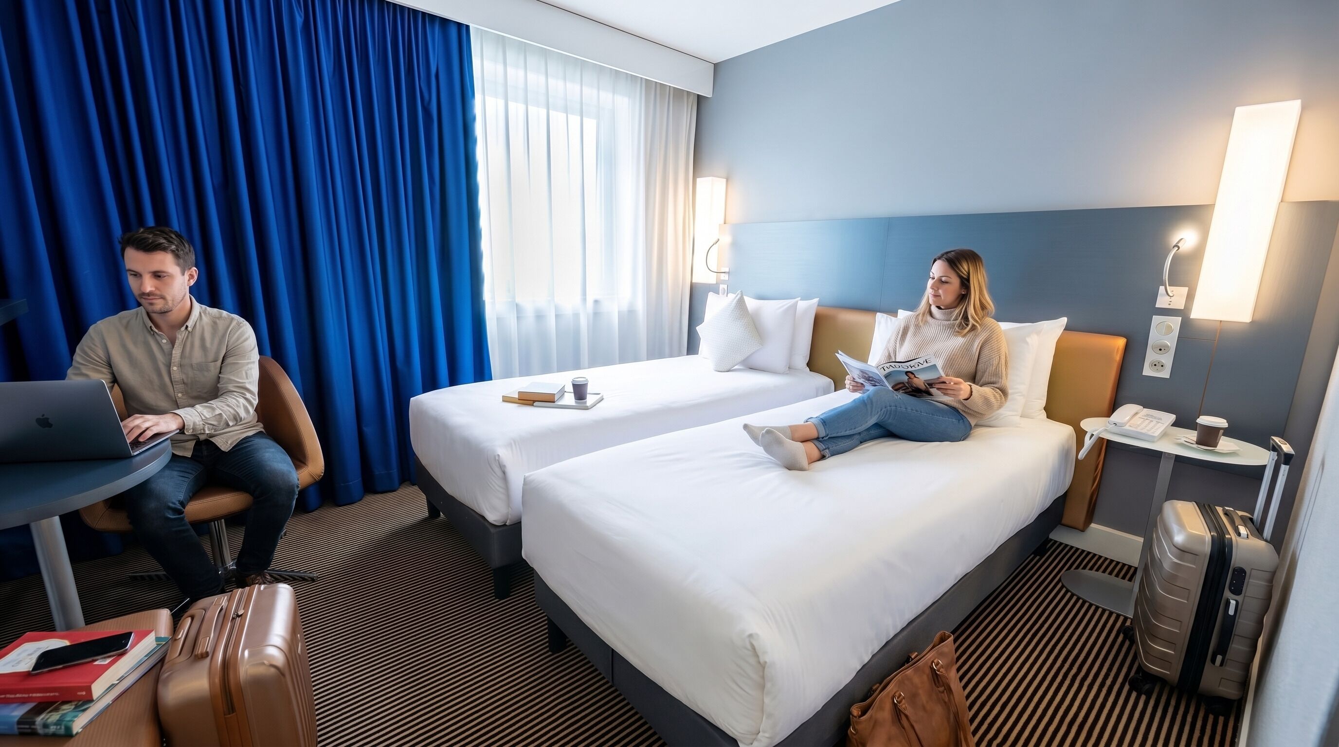 A hotel room with two beds, a desk, a chair, a suitcase, and a lamp.