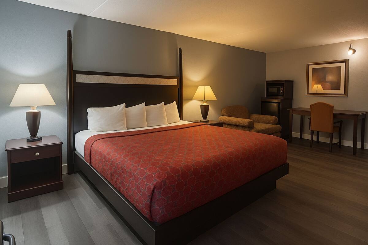 A hotel room with a four-poster bed, two bedside tables with lamps, a small desk with a chair, and a framed picture on the wall.