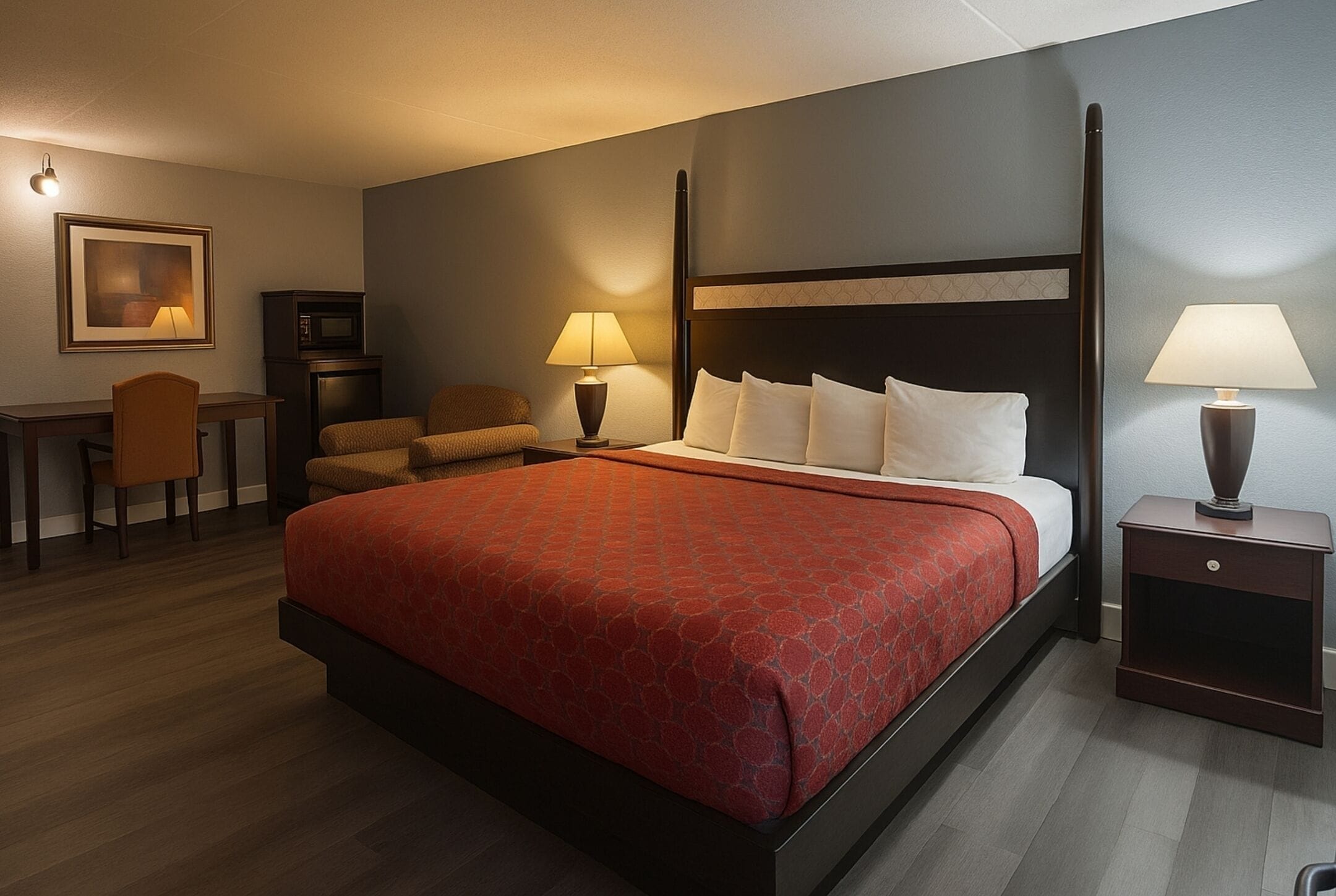 A hotel room with a large bed, a desk, a chair, a TV, and two bedside lamps.