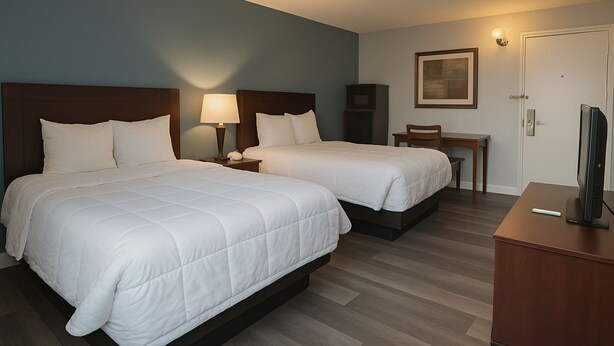A hotel room with two beds, a desk, a chair, a television, and a framed picture on the wall. - Key Inn Roseville (Roseville)