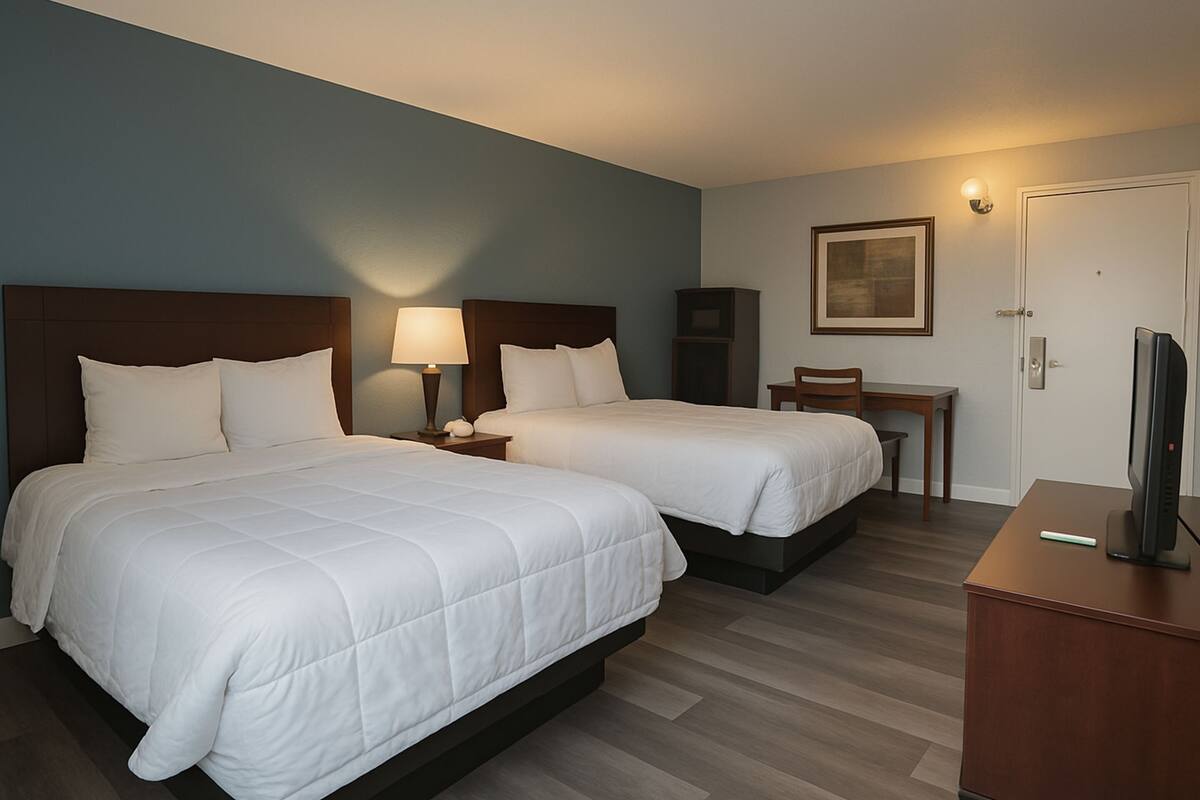 A hotel room with two beds, a desk, a chair, a television, and a framed picture on the wall.