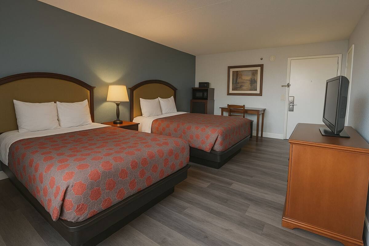 A hotel room with two beds, a TV, a small table, and a door.
