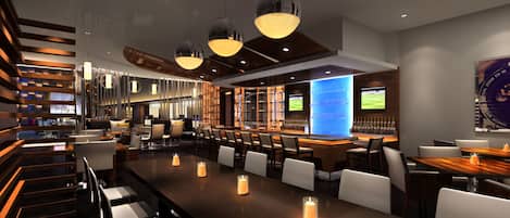 A modern bar area with multiple seating options, including bar stools and tables, and a variety of lighting fixtures.