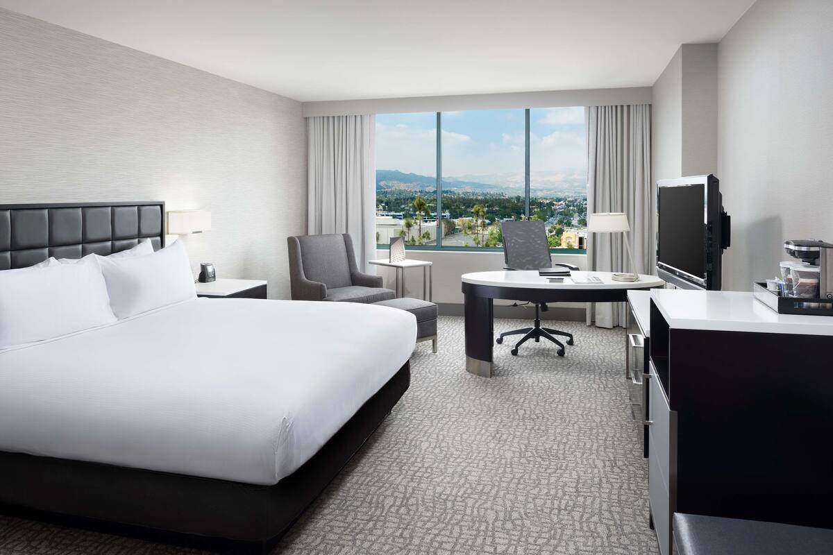 Habitación de hotel con una cama grande, un escritorio con silla, televisión y vistas a la ciudad.