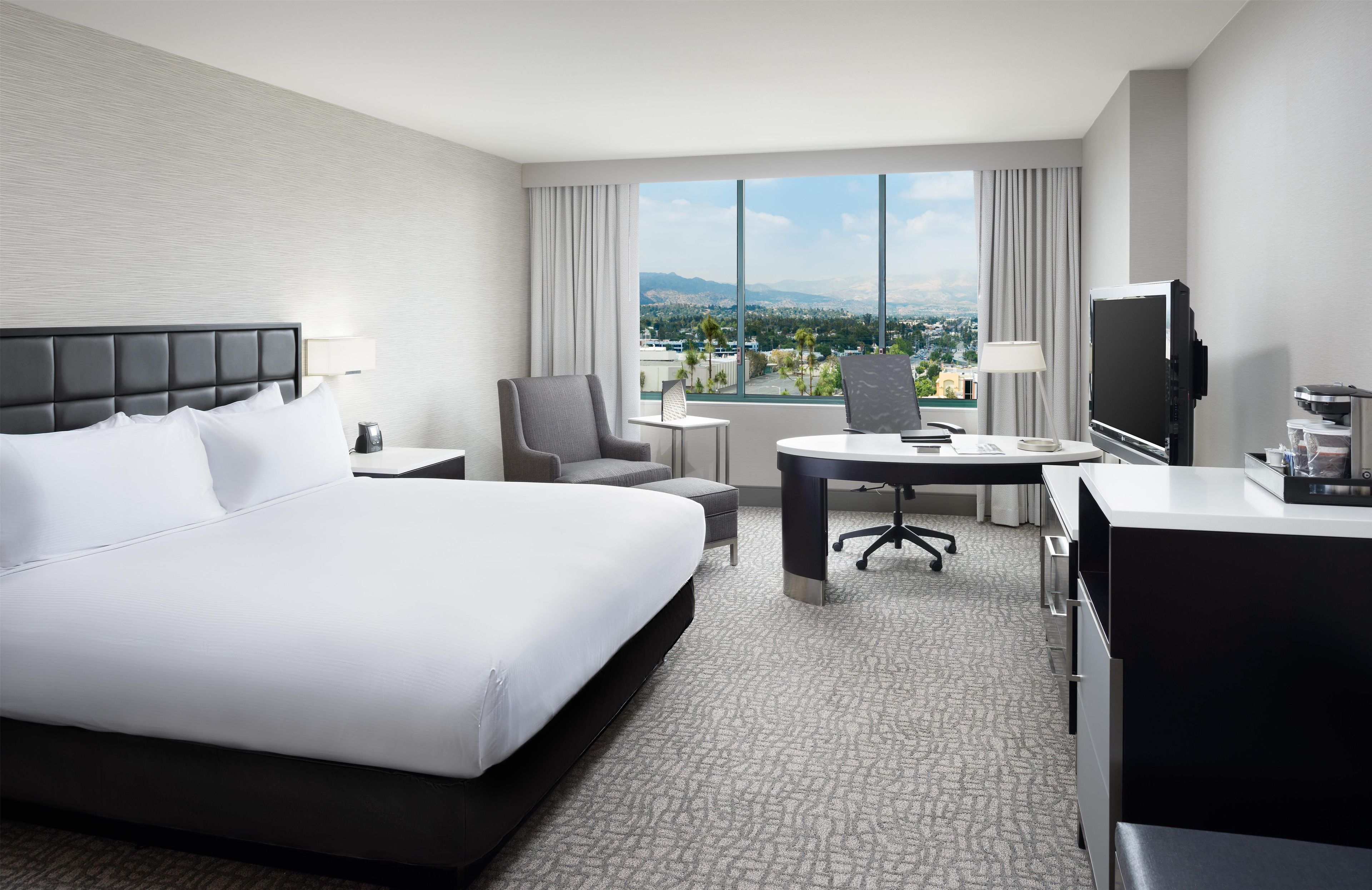 A hotel room with a large bed, a desk, a chair, a television, and a view of the city.