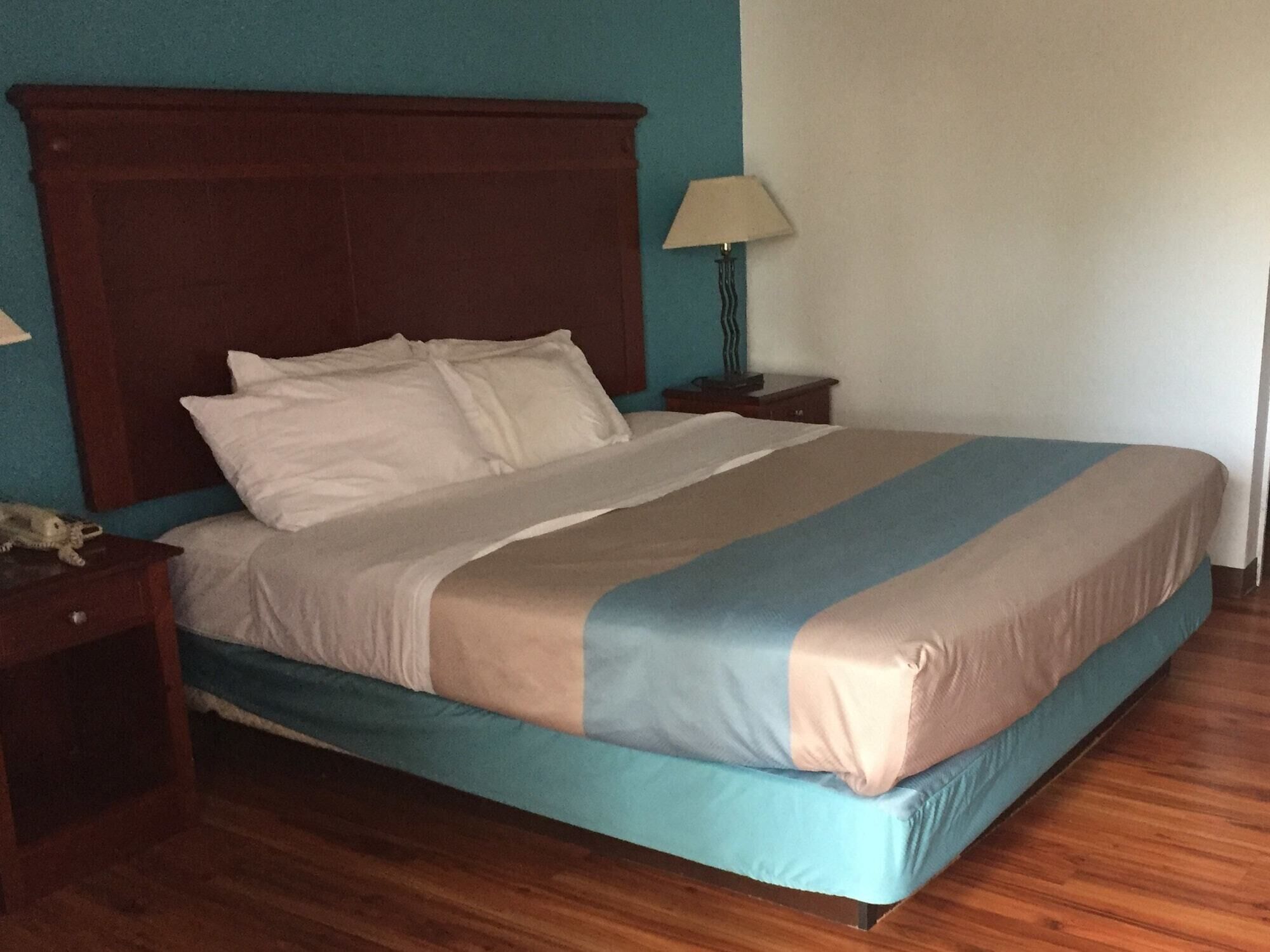 A neatly made bed with a wooden headboard, a bedside table with a lamp, and a nightstand with a telephone.