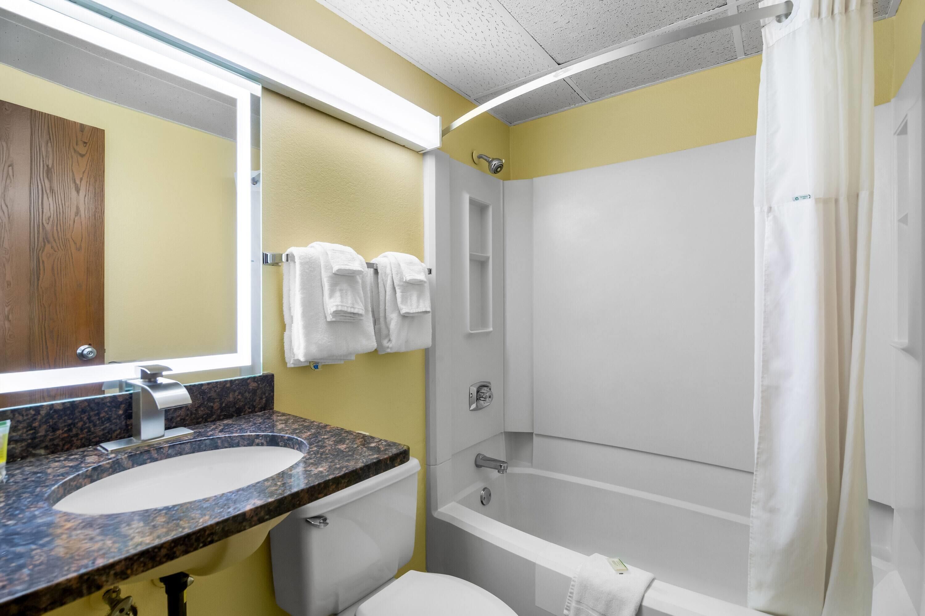 Une salle de bain avec un lavabo sur un plan de travail en granit, des toilettes, une baignoire et un rideau de douche.
