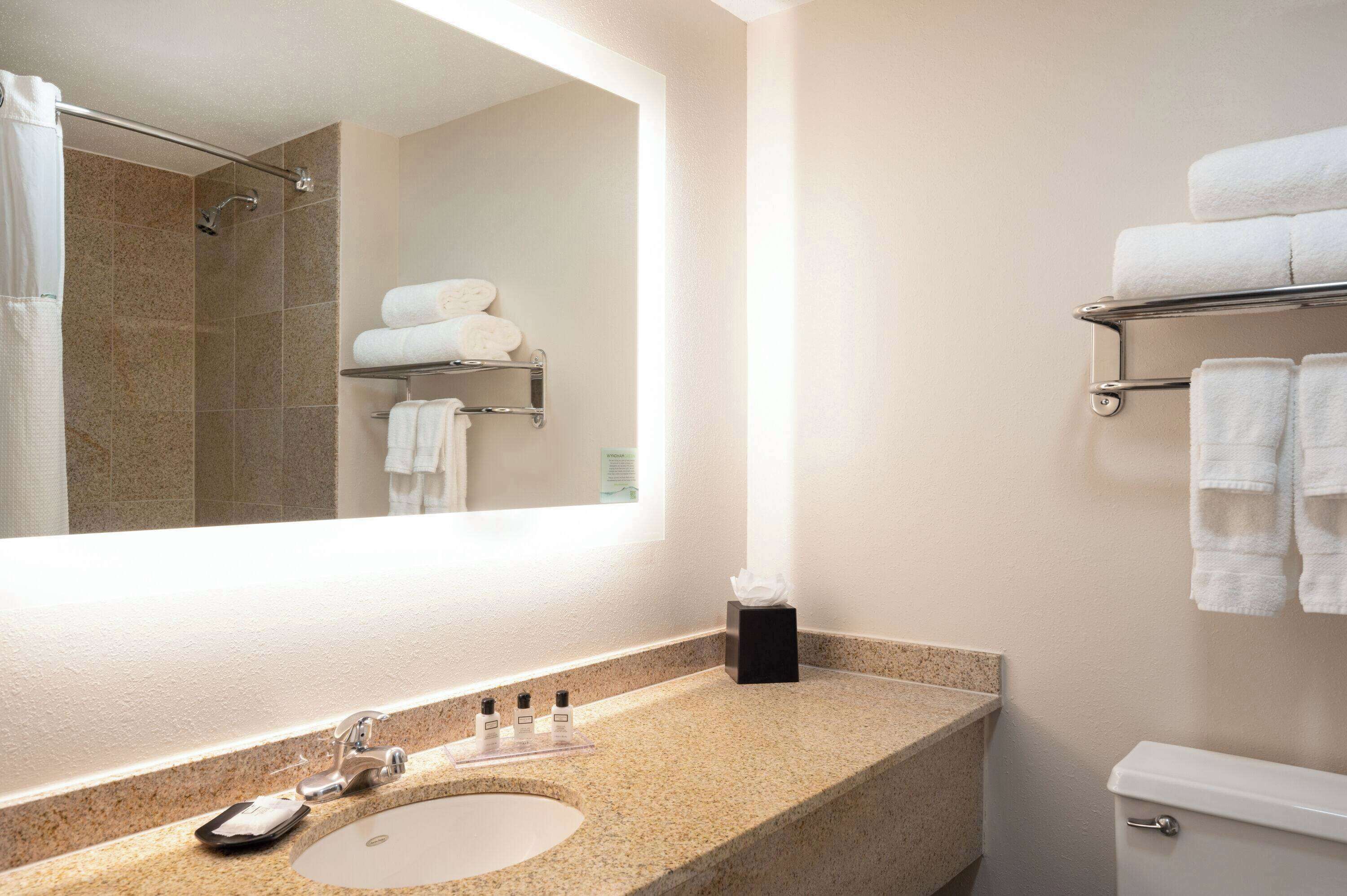 combined shower/bathtub, free toiletries, hair dryer