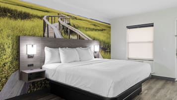 Een moderne slaapkamer met een groot bed, een hoofdeinde met ingebouwde verlichting, een nachtkastje en een muurschildering van een veld met een trap.