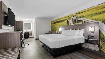 Ein modernes Hotelzimmer mit einem großen Bett, einem Schreibtisch, einem Sessel, einem Fernseher und einem Wandbild einer Landschaft.