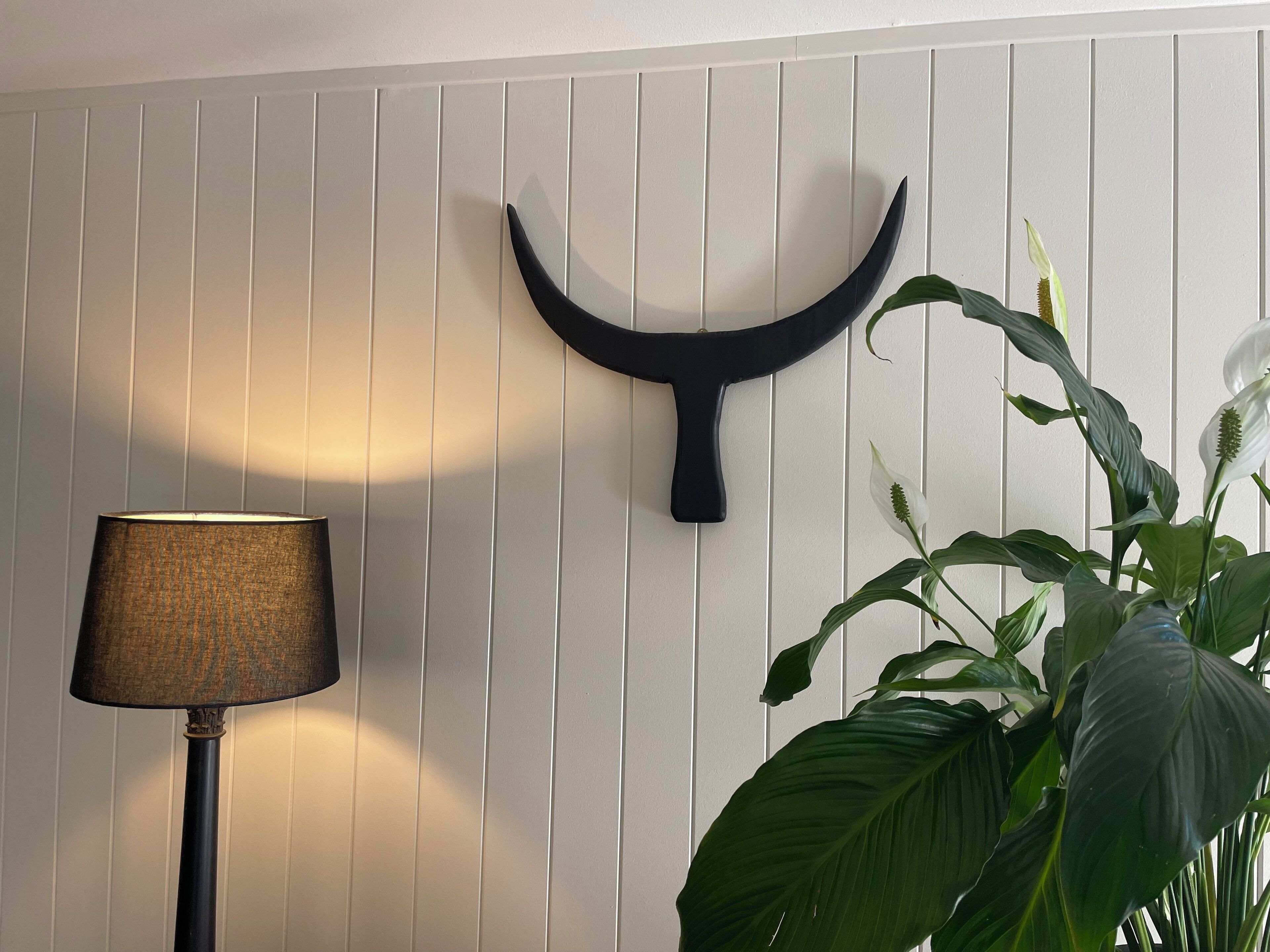 A room with a lamp, a wall-mounted decorative item, and a potted plant.