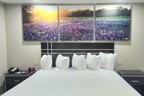 Pillowtop beds, desk, blackout drapes, iron/ironing board