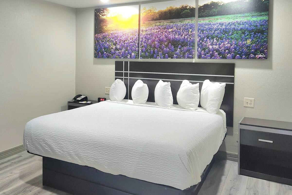 A neatly made bed with a white comforter and pillows, a bedside table with a phone, and a nightstand with a lamp. Above the bed, there is a wall-mounted artwork depicting a field of flowers.