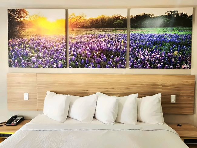 Ein Bett mit weißer Bettwäsche und Kopfteil, ein Nachttischtelefon sowie ein an der Wand befestigtes Kunstwerk, das ein Feld lila Blumen zeigt.