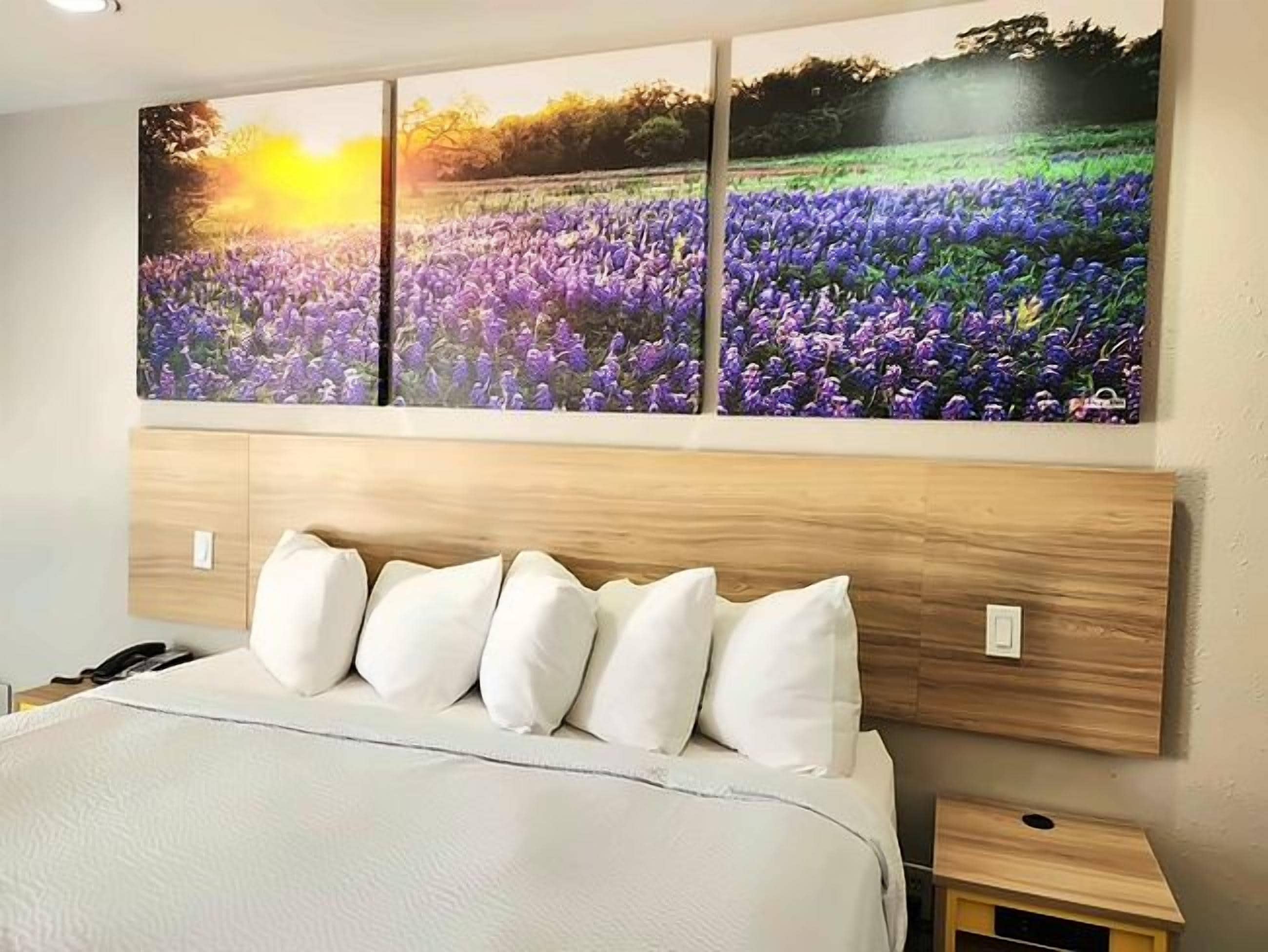 Quarto de hotel com uma cama grande, cabeceira de madeira e uma obra de arte pendurada na parede retratando um campo de flores.