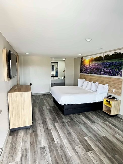 A modern hotel room with a wooden floor, a bed with white bedding, a bedside table, a TV mounted on the wall, and a large window with a view of a field.
