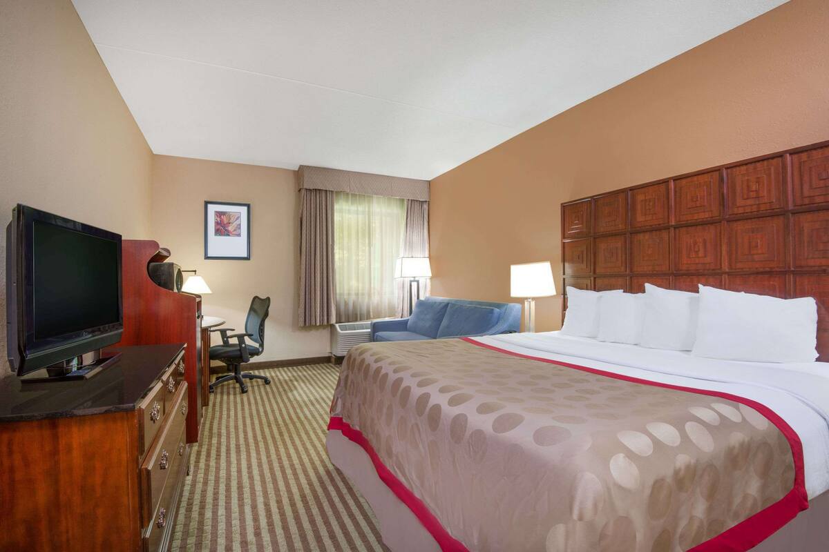 A hotel room with a large bed, a television, a desk, and a chair.