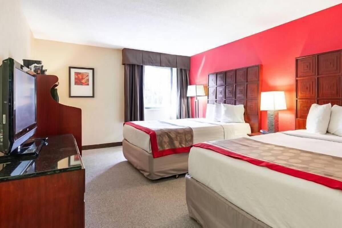 A hotel room with two beds, a desk with a TV, and a red accent wall.