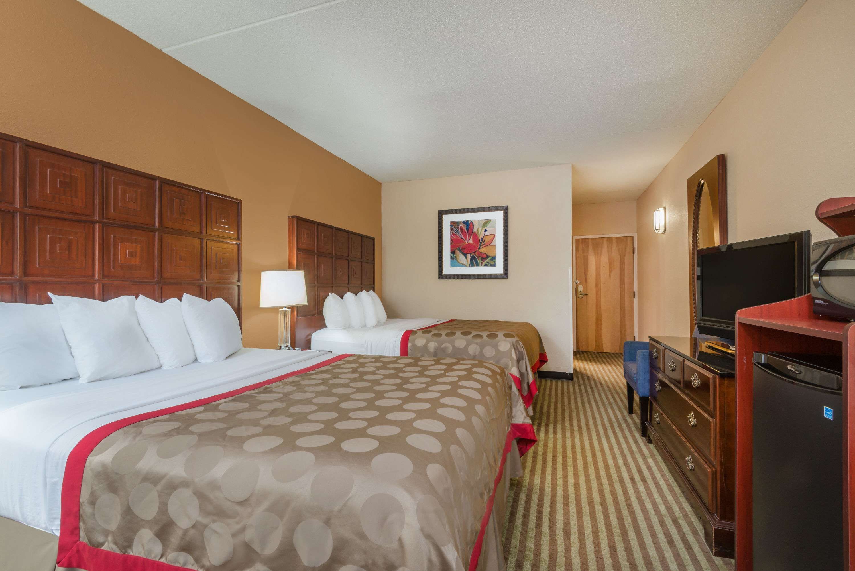 Habitación de hotel con dos camas, un televisor, una cómoda y un cuadro en la pared.