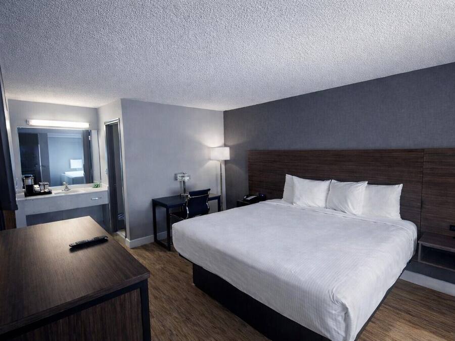 Una camera d'albergo moderna con un letto grande, una scrivania, una sedia, un comodino, una lampada e uno specchio.