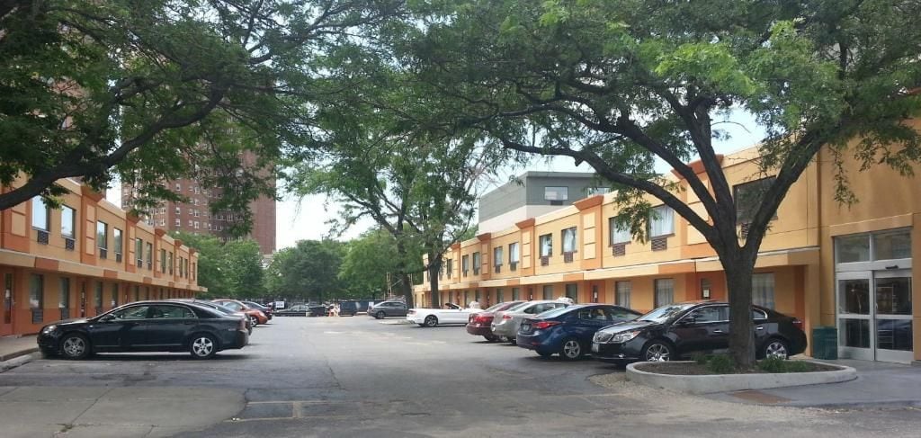 A row of parked cars along a tree-lined street with multi-story buildings in the background.