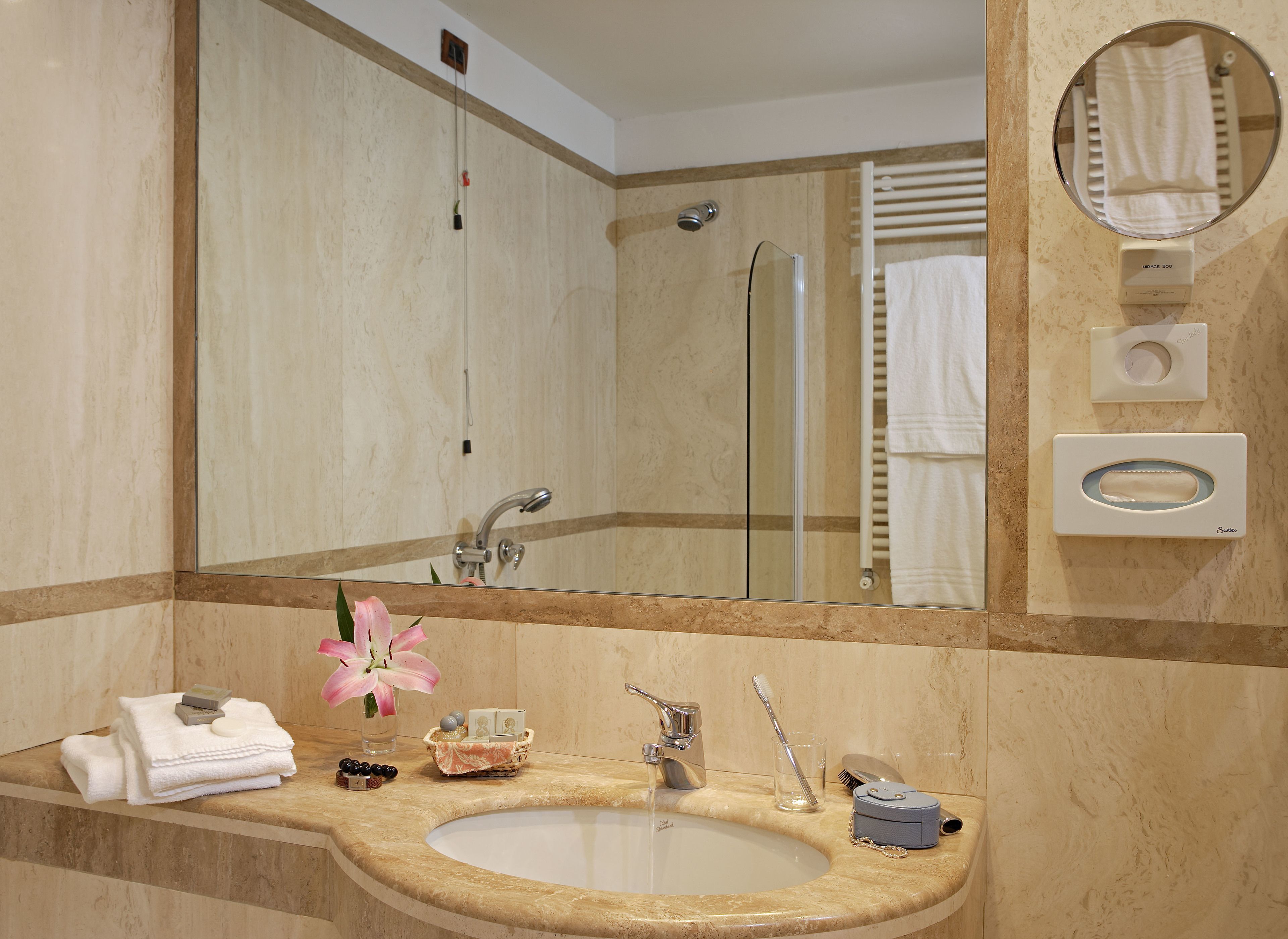 combined shower/bathtub, free toiletries, hair dryer, towels