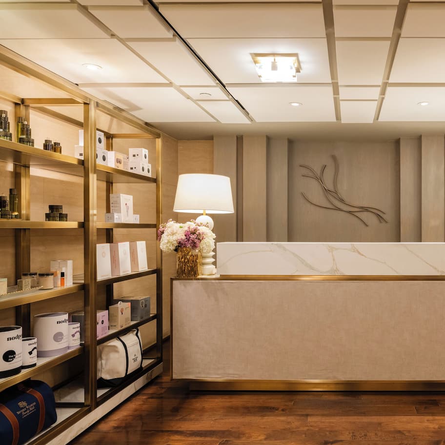 A reception area with a reception desk, shelves with products, and a wall-mounted artwork.