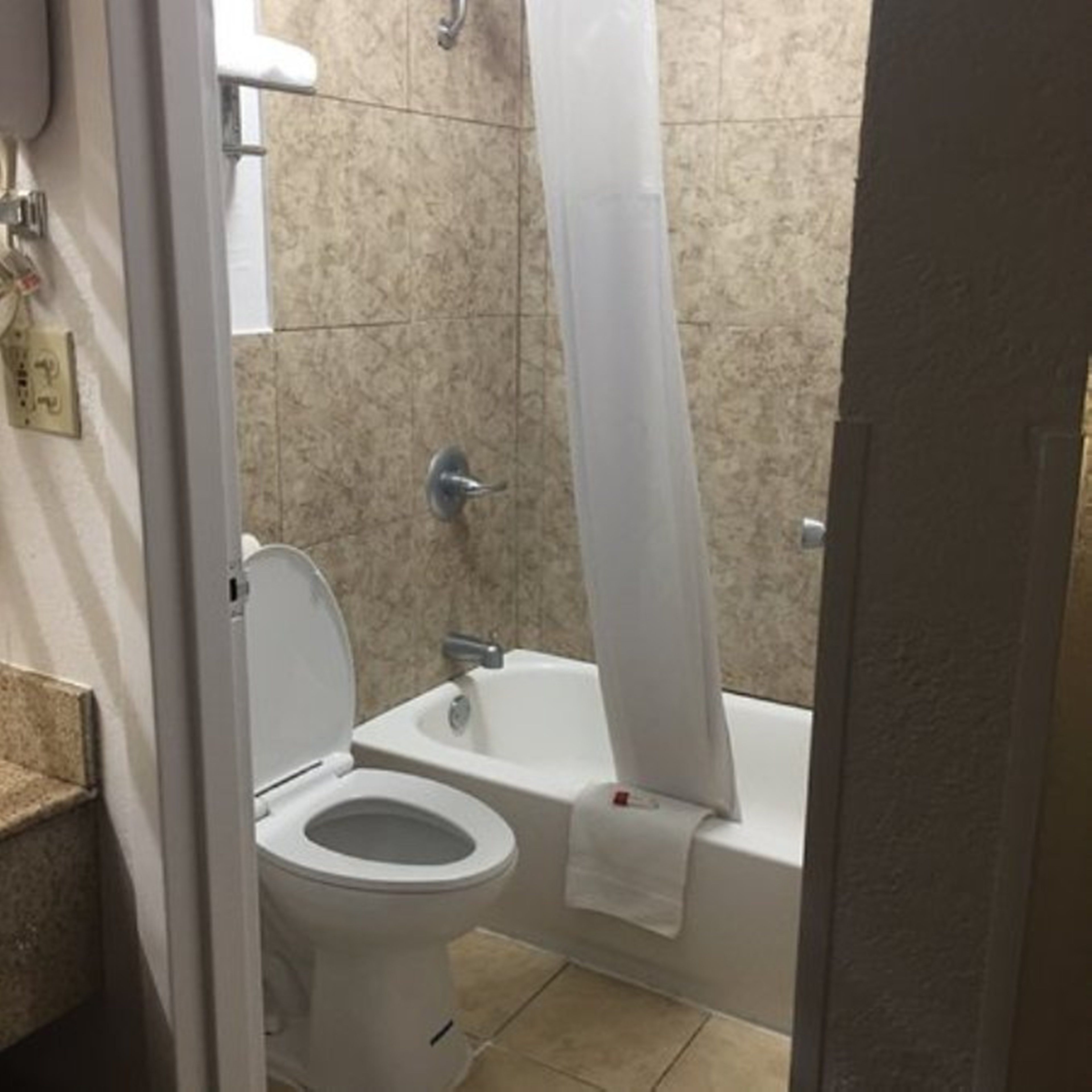 A bathroom with a toilet, a bathtub, and a shower curtain.