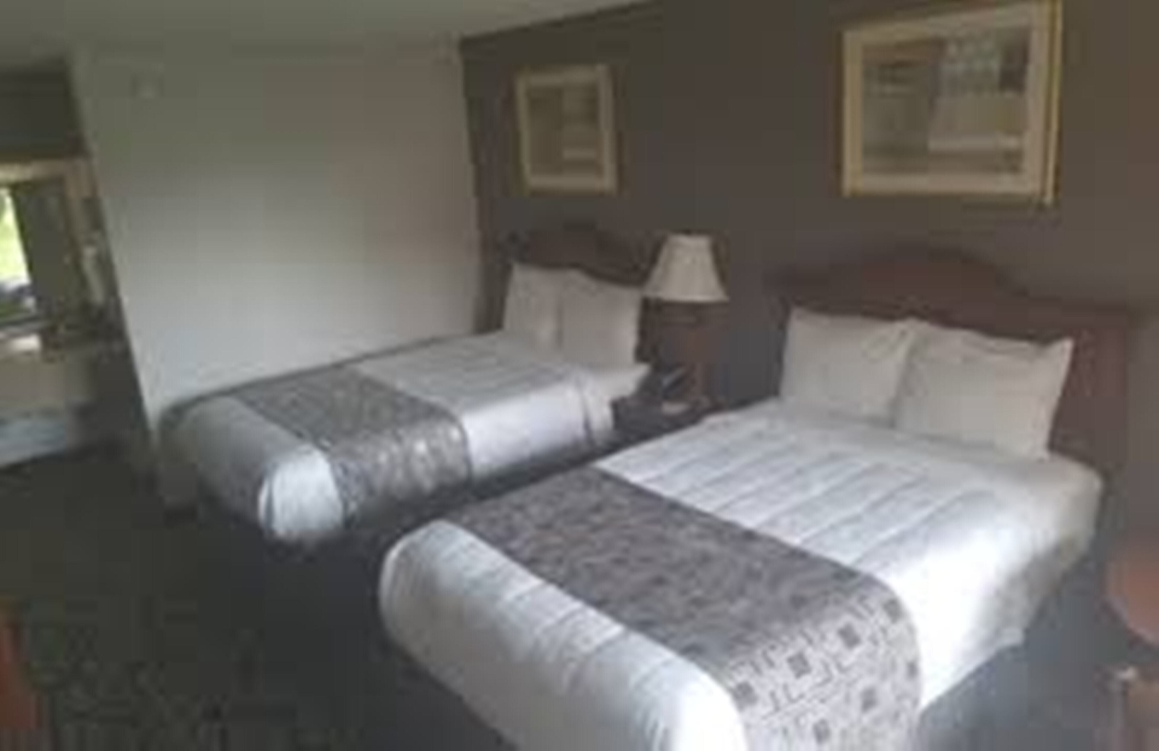 Una camera d'albergo con due letti, un comodino e una lampada.