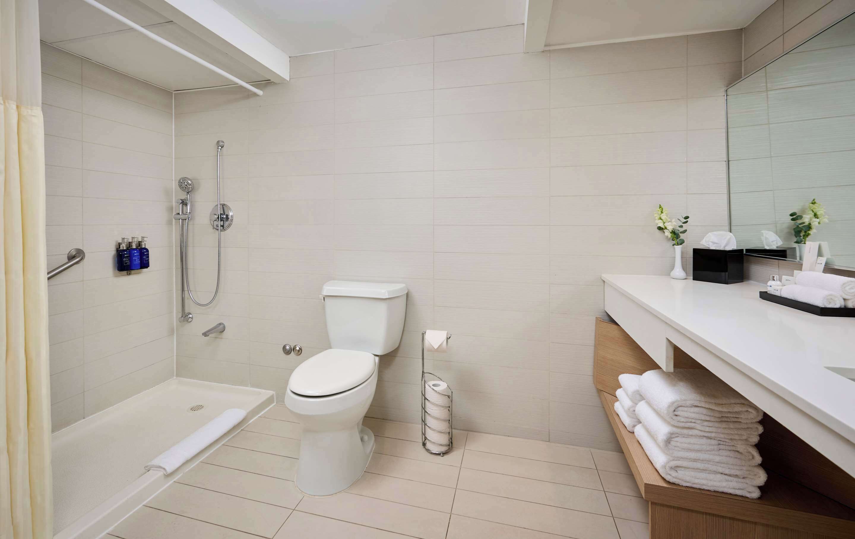 A modern bathroom with a bathtub, toilet, and shower.