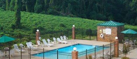 A swimming pool with lounge chairs and a small brick structure, surrounded by a fence and greenery.
