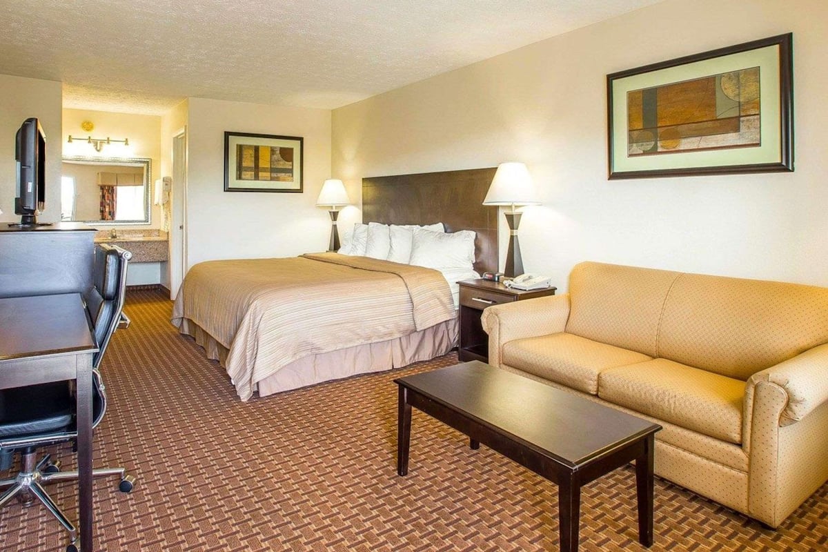 A hotel room with a bed, a sofa, a desk, a chair, a lamp, and a framed picture on the wall.