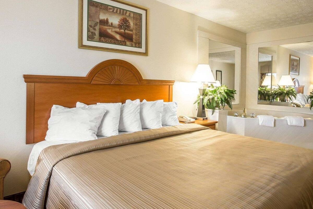 A hotel room with a wooden headboard, a large bed with white and beige bedding, a bedside lamp, a mirror, and a framed picture on the wall.