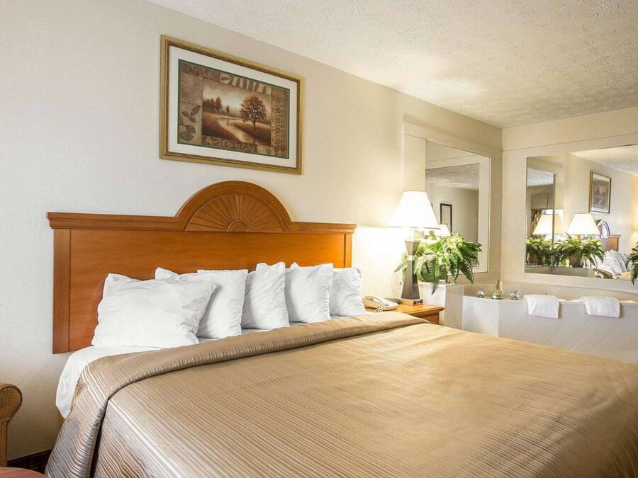 A hotel room with a wooden headboard, a large bed with white and beige bedding, a bedside lamp, a mirror, and a framed picture on the wall.