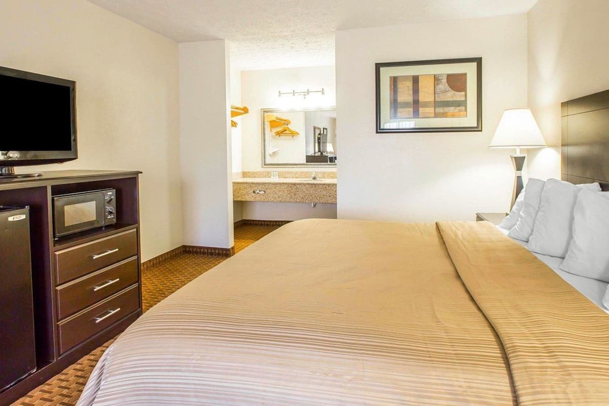 A hotel room with a bed, a TV, a microwave, a dresser, a bathroom with a sink and mirror, and a framed picture on the wall.