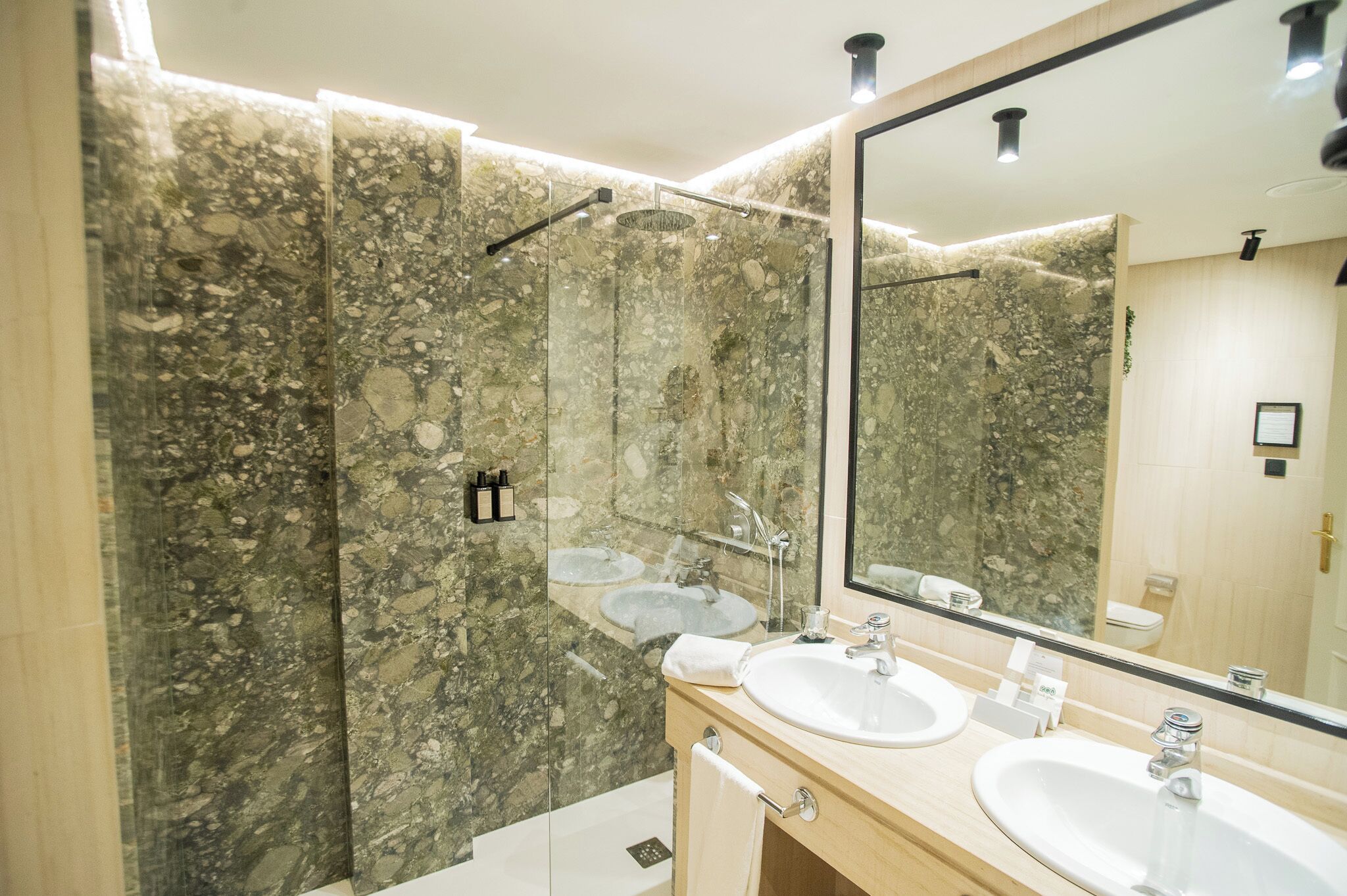 eco-friendly toiletries, hair dryer, towels