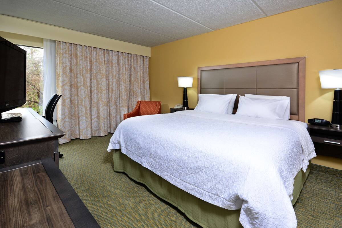 A hotel room with a large bed, a desk, a chair, and a TV.