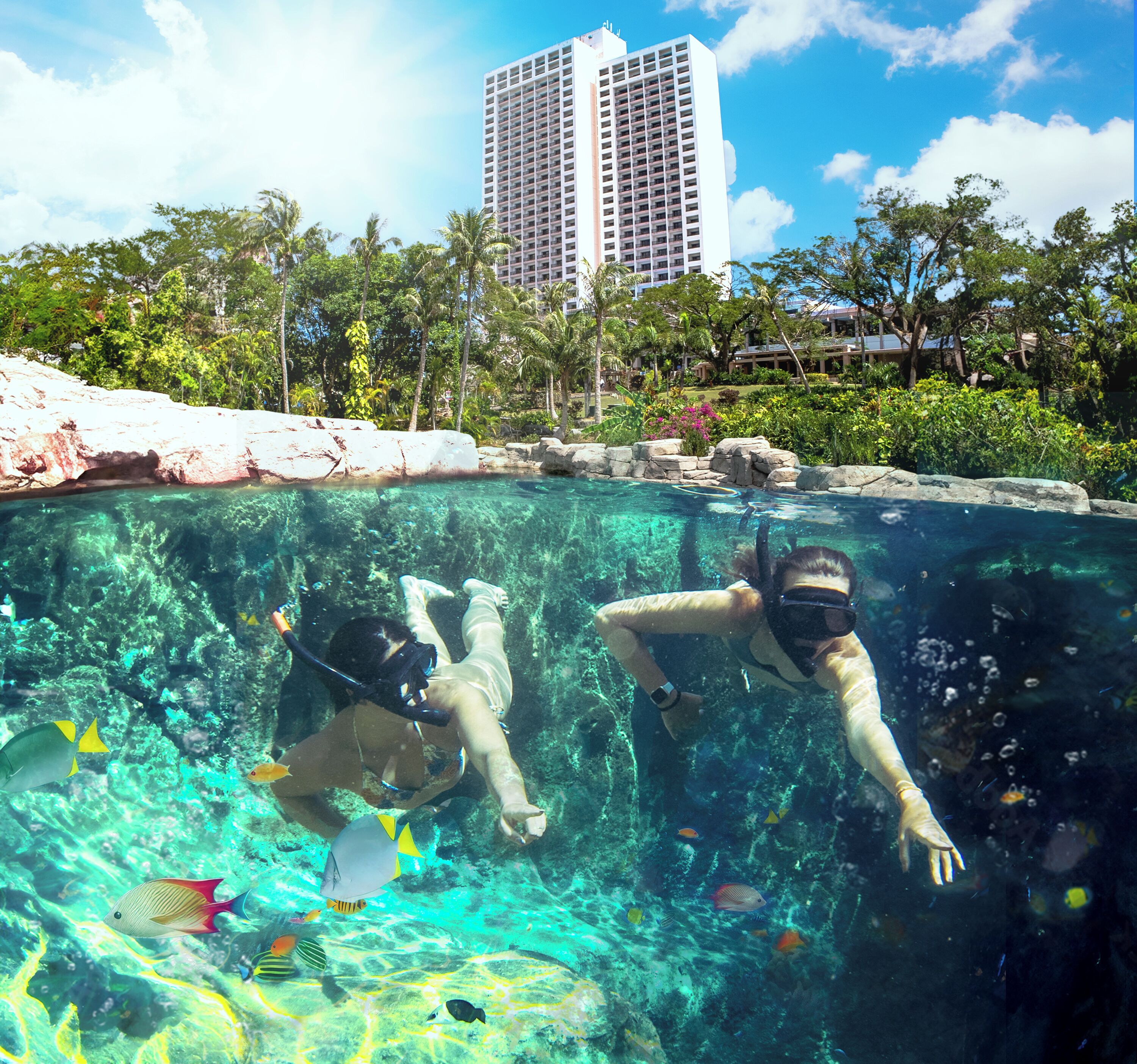 Two people snorkeling in a clear pool with tropical plants and a tall building in the background.