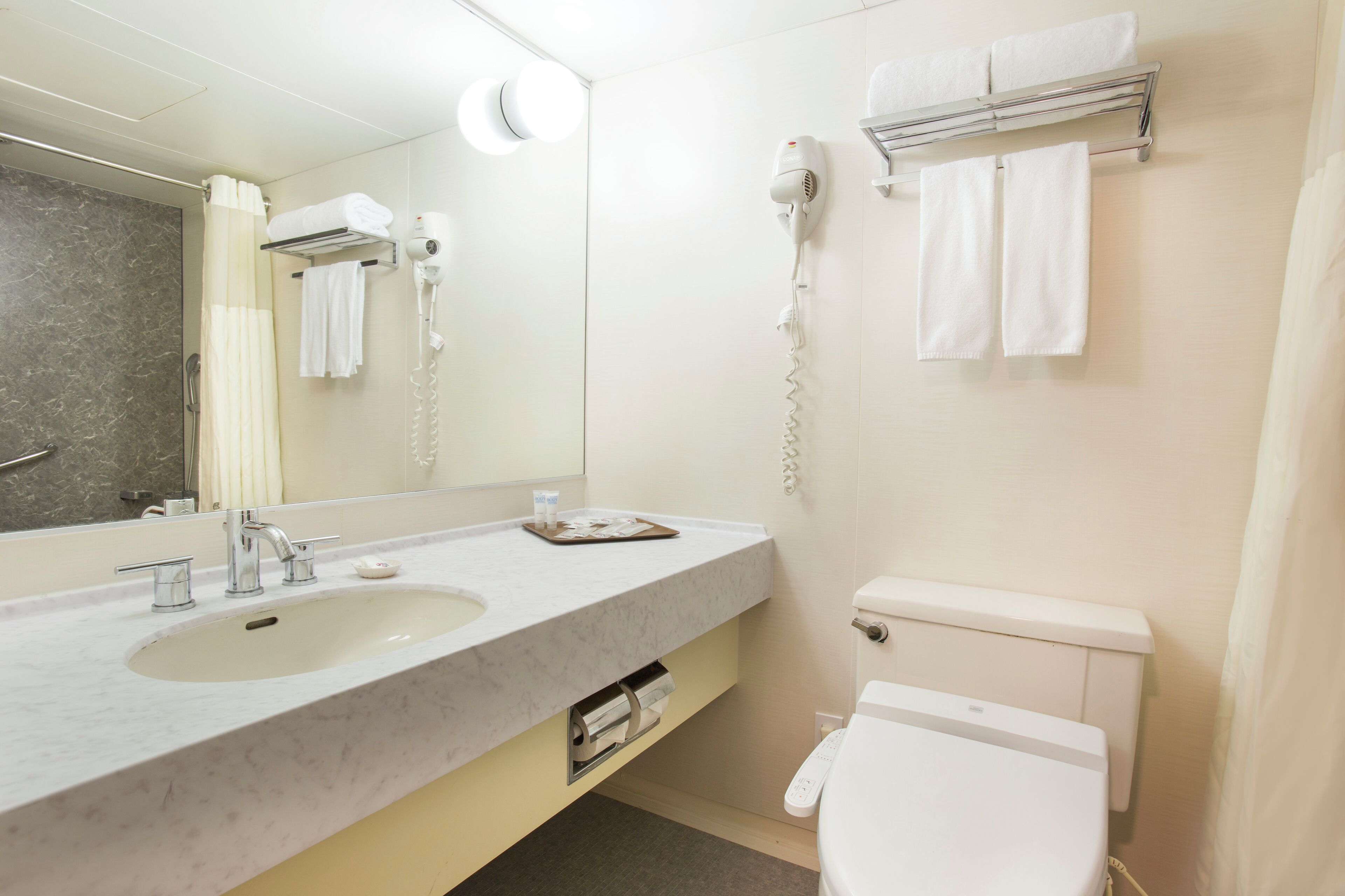A bathroom with a sink, mirror, towel rack, hair dryer, and toilet.