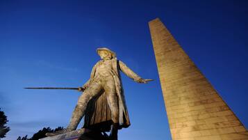 A statue of a historical figure with a sword, standing next to a tall, narrow monument.