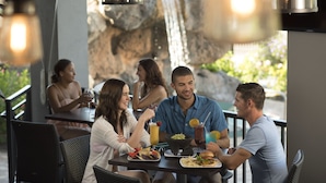 A group of people dining outdoors with a waterfall in the background. - Rosen Plaza on International Drive (Orlando)
