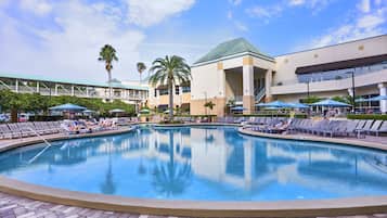 Outdoor pool, open 8:00 AM to midnight, pool umbrellas, sun loungers