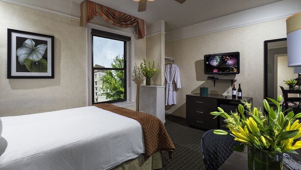 A hotel room with a bed, a desk, a television, and a window with a view of buildings. - The Willows Hotel (Chicago)