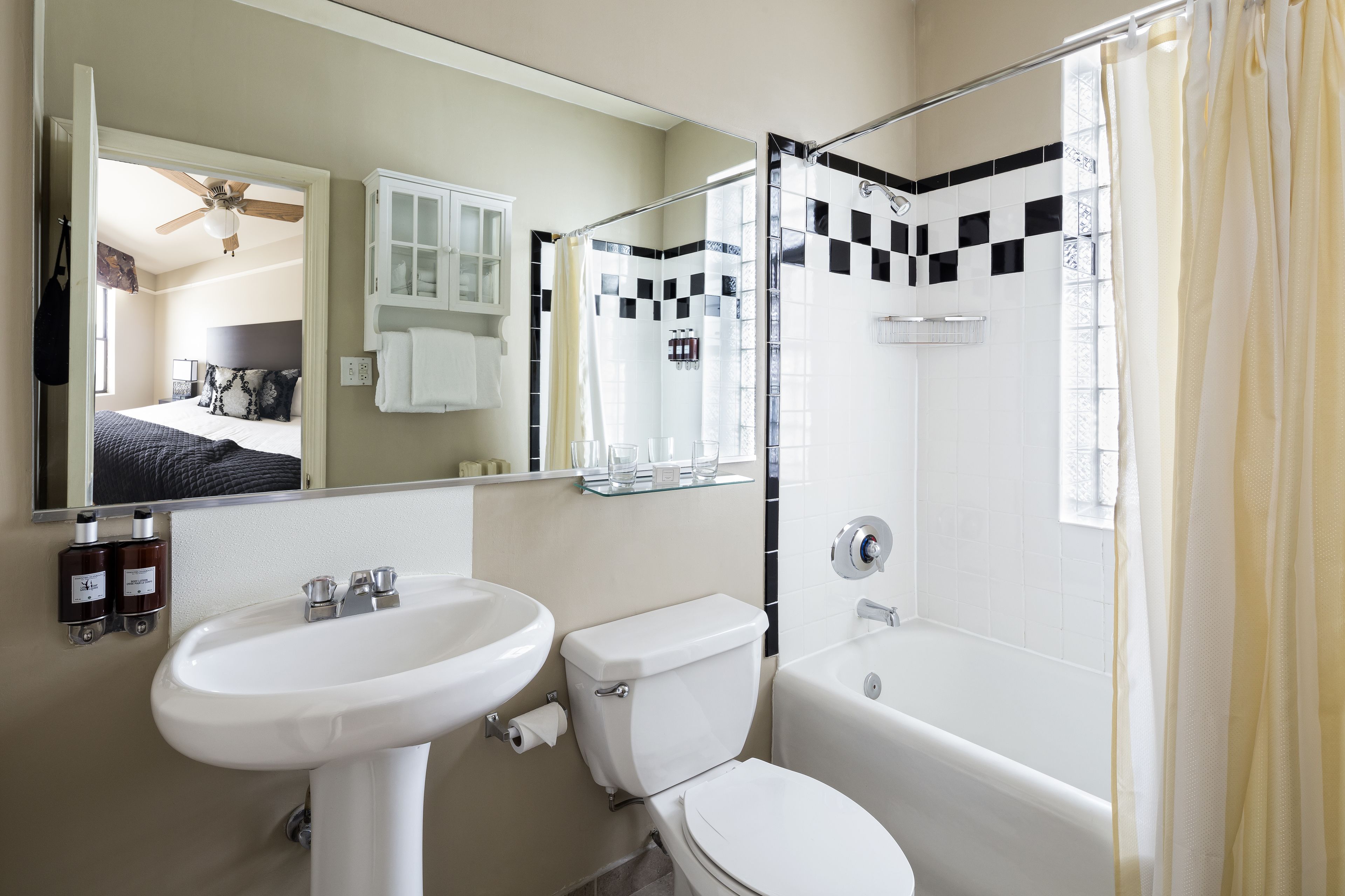 combined shower/bathtub, free toiletries, hair dryer, bathrobes