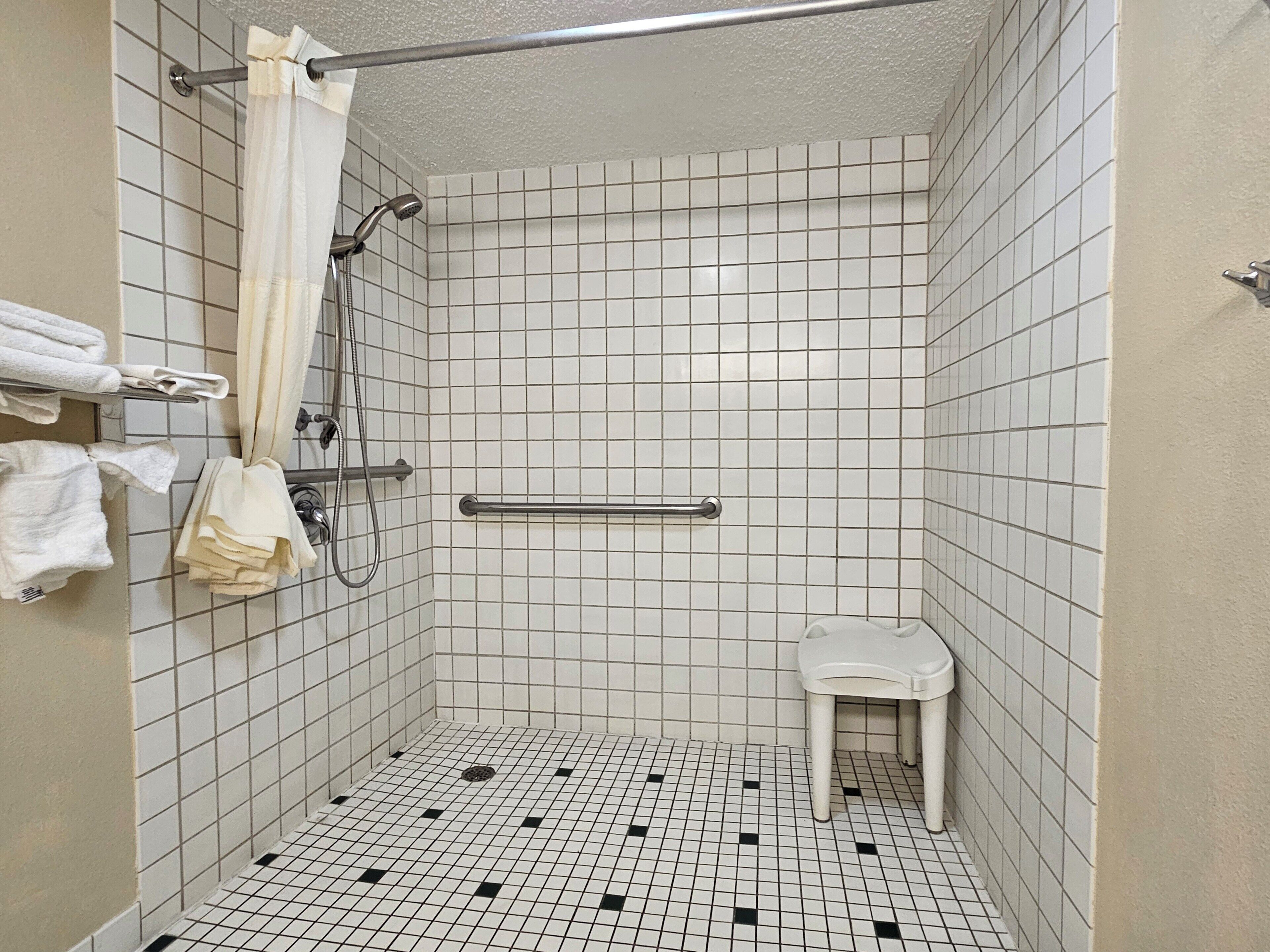 Room, 1 King Bed, Roll-in Shower | Bathroom | Combined shower/tub, jetted tub, free toiletries, hair dryer