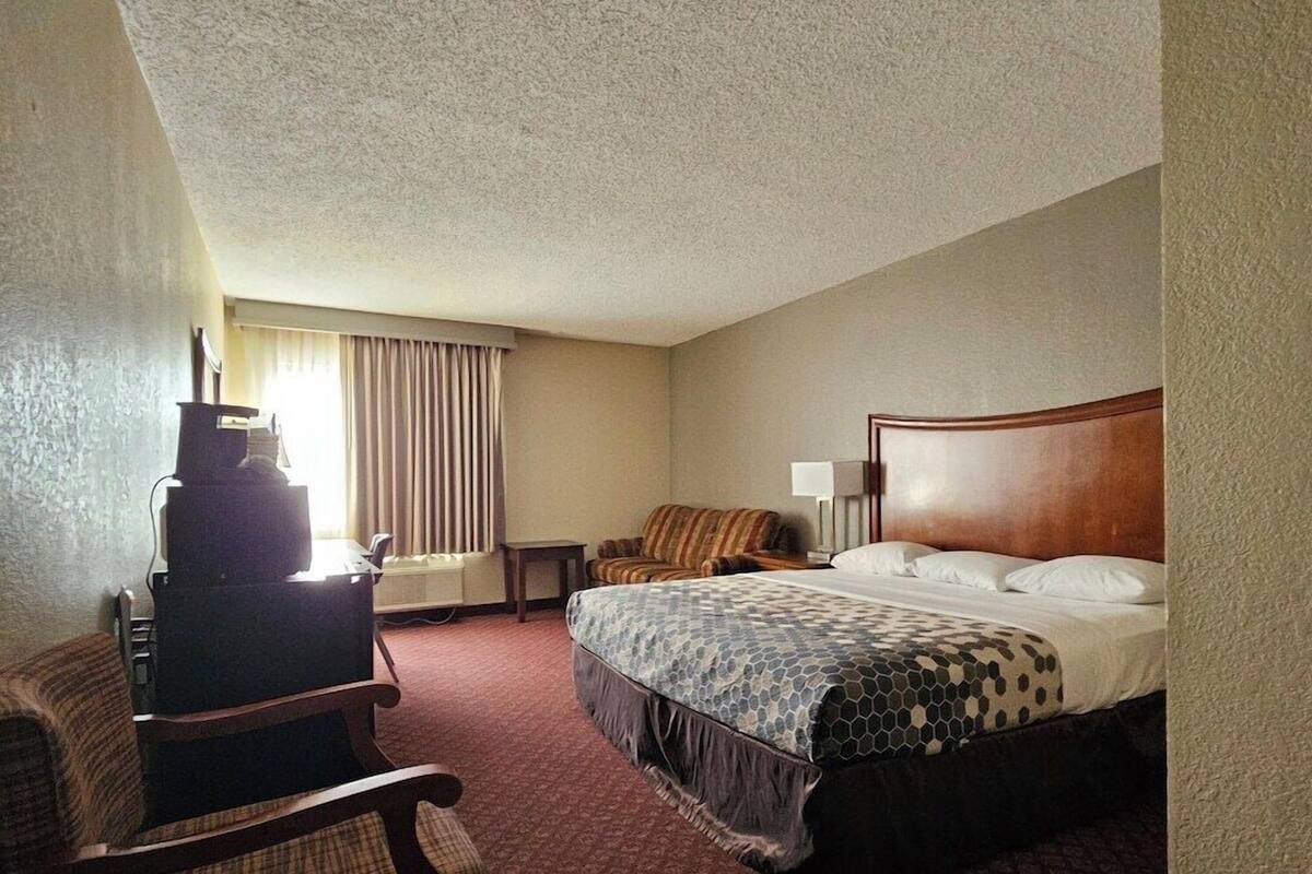 A hotel room with a bed, a desk, a chair, and a television.