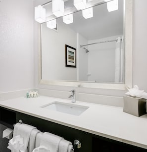 A bathroom with a large mirror, a sink, a towel rack, and a framed picture on the wall.