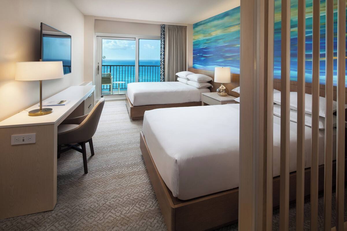 Habitación de hotel con escritorio, dos camas, televisor y balcón con vista al mar.