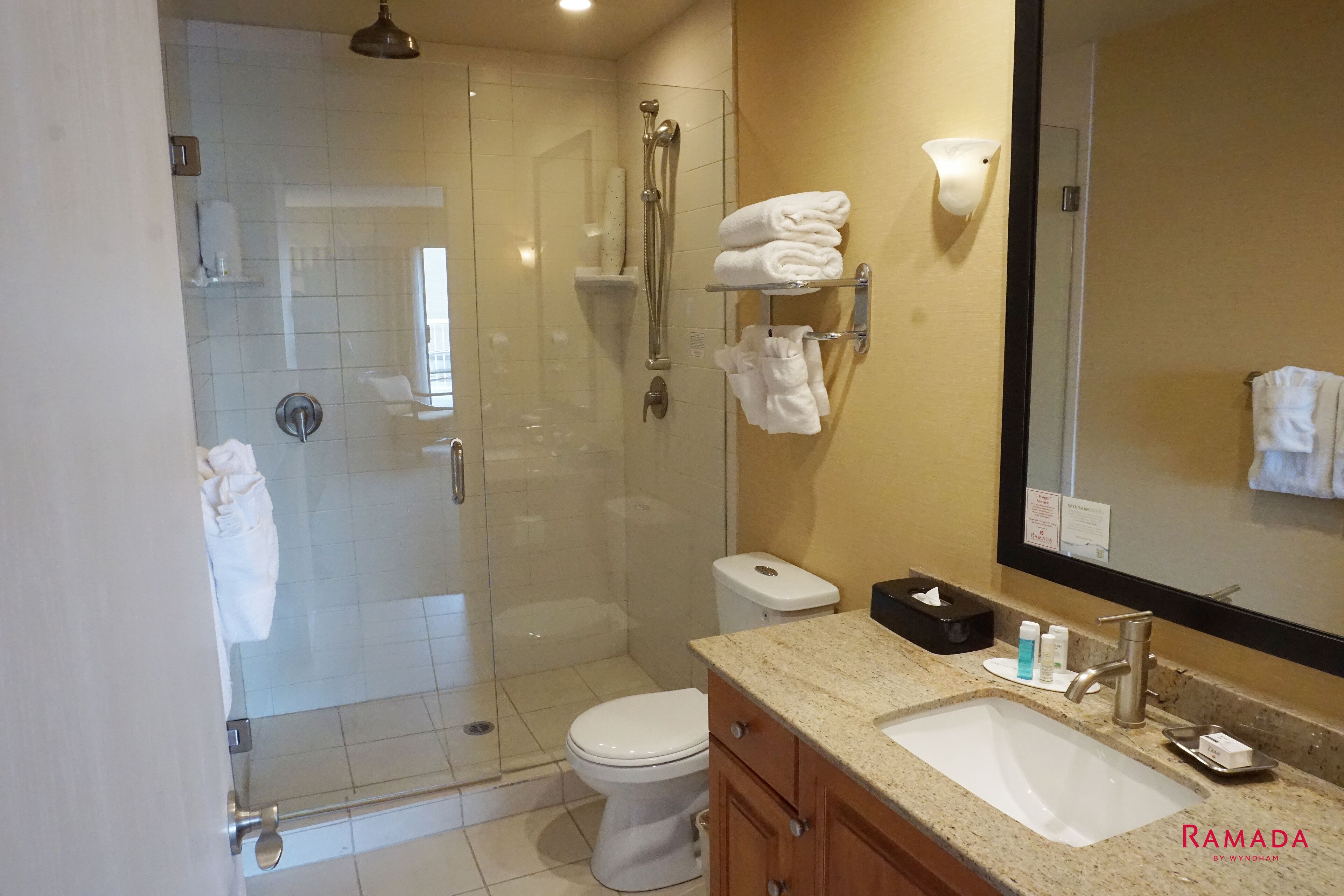 A modern bathroom with a glass-enclosed shower, a white toilet, and a sink with a mirror above.