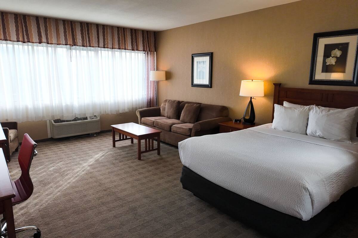 A hotel room with a bed, a desk, a chair, a sofa, a lamp, and a picture on the wall.